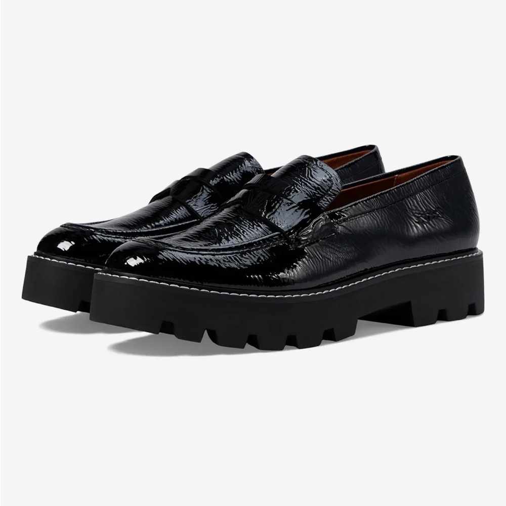 Franco Sarto Balin women chunky Black patent platform penny loafer